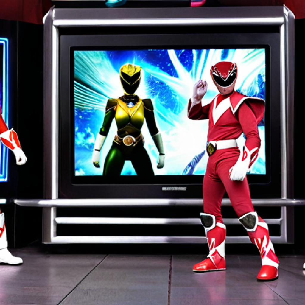 A dynamic, multi-layered image showcasing the diverse revenue streams of Power Rangers. In the foreground, children enthusiastically playing with detailed Power Rangers action figures and wearing vibrant Ranger costumes. Surrounding them, various elements representing other income sources: a television screen displaying a modern Power Rangers series, a mobile phone with a game interface (e.g., a fighting game), a movie poster for a cinematic adaptation, and a range of licensed merchandise like school bags, mugs, and clothing. The background should subtly hint at futuristic digital spaces or the metaverse, suggesting new frontiers for the brand. The overall mood is one of enduring popularity and economic vibrancy.