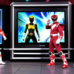 A dynamic, multi-layered image showcasing the diverse revenue streams of Power Rangers. In the foreground, children enthusiastically playing with detailed Power Rangers action figures and wearing vibrant Ranger costumes. Surrounding them, various elements representing other income sources: a television screen displaying a modern Power Rangers series, a mobile phone with a game interface (e.g., a fighting game), a movie poster for a cinematic adaptation, and a range of licensed merchandise like school bags, mugs, and clothing. The background should subtly hint at futuristic digital spaces or the metaverse, suggesting new frontiers for the brand. The overall mood is one of enduring popularity and economic vibrancy.
