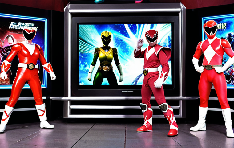 A dynamic, multi-layered image showcasing the diverse revenue streams of Power Rangers. In the foreground, children enthusiastically playing with detailed Power Rangers action figures and wearing vibrant Ranger costumes. Surrounding them, various elements representing other income sources: a television screen displaying a modern Power Rangers series, a mobile phone with a game interface (e.g., a fighting game), a movie poster for a cinematic adaptation, and a range of licensed merchandise like school bags, mugs, and clothing. The background should subtly hint at futuristic digital spaces or the metaverse, suggesting new frontiers for the brand. The overall mood is one of enduring popularity and economic vibrancy.