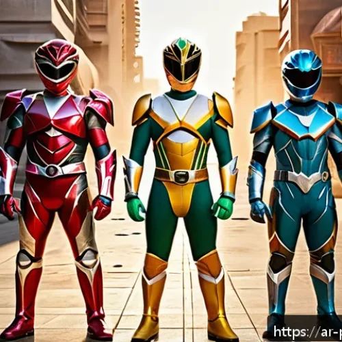 파워레인저 스핀오프 작품 - A diverse team of modern Power Rangers standing heroically in an urban Middle Eastern cityscape at s...