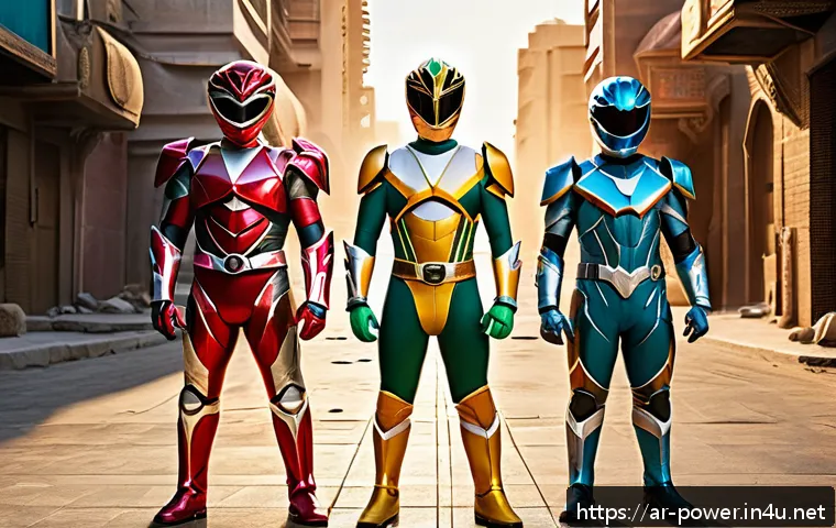 파워레인저 스핀오프 작품 - A diverse team of modern Power Rangers standing heroically in an urban Middle Eastern cityscape at s...