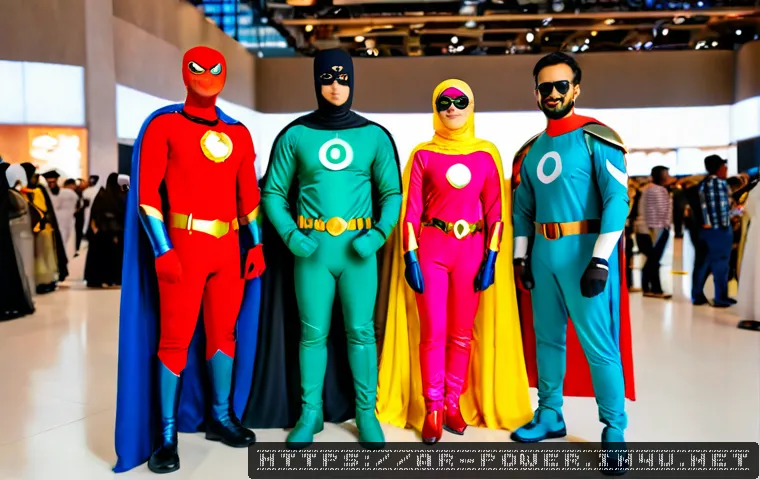 파워레인저 코믹콘 이벤트 - Photorealistic comic convention event in a modern Dubai-style exhibition hall, five color-coded mask...