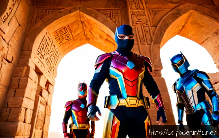 파워레인저 영화 속 숨겨진 요소 - Photorealistic cinematic scene of a masked superhero team in sleek red, blue, yellow, black, and pin...
